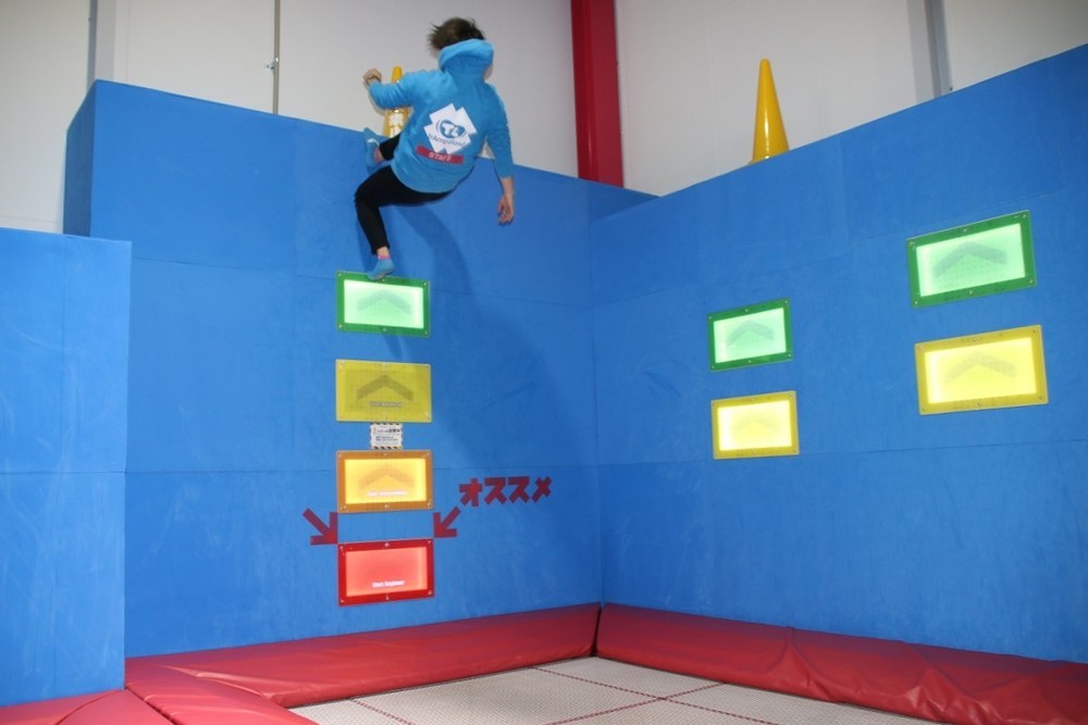 背中からトランポリンに着地し、反動で壁を駆け上がる