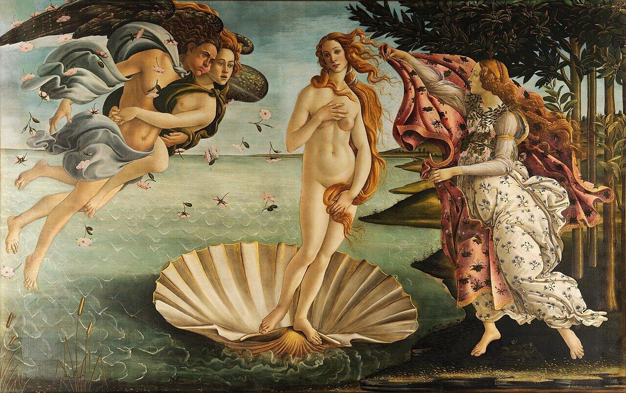 ボッティチェリ作『ヴィーナスの誕生』では、ゼフィロスは一番左にいて、花と春の女神クロリスのため息とともに、ヴィーナスを岸に吹き寄せようとしている（ウィキメディア・コモンズより）