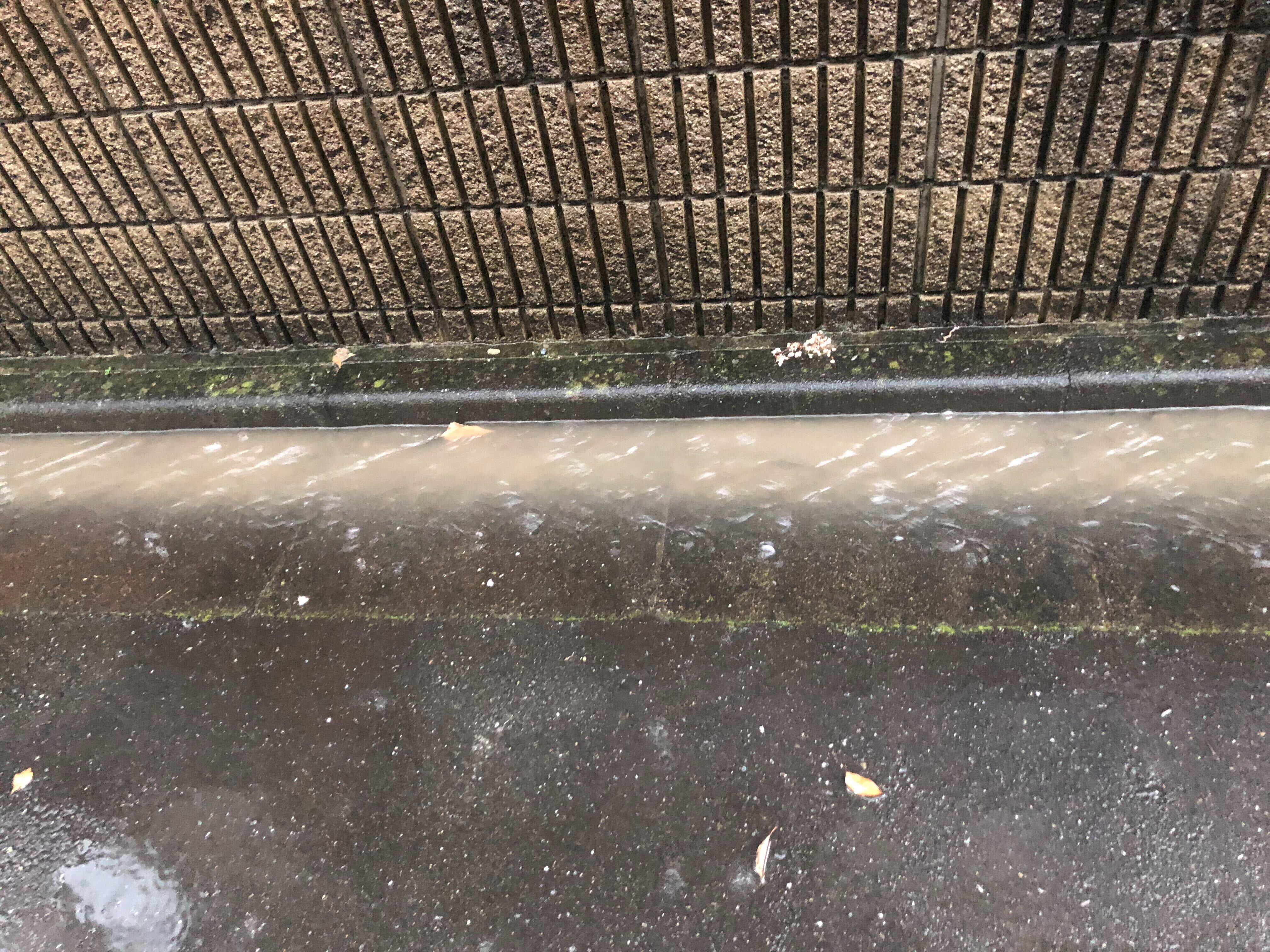 雨が降り始めてから15分ほどで道路の端には雨水が流れ出していた