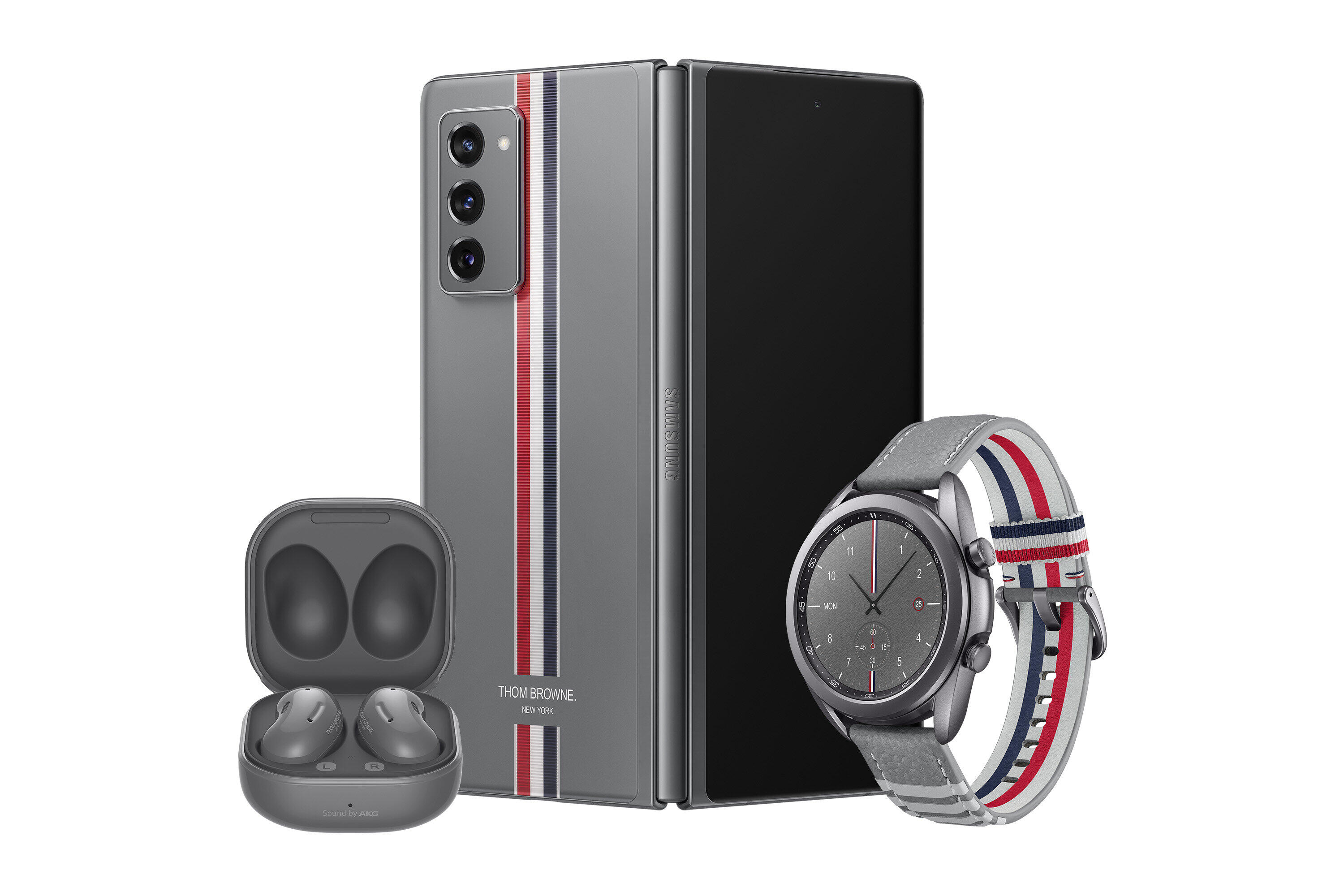 「Galaxy」×「Thom Browne」コラボ第2弾、スマホ＋イヤホン＋スマートウォッチの3点セット