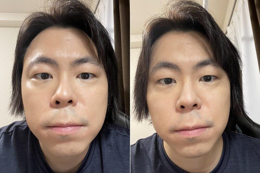 フィニッシングパウダーをはたく前（左）と後（右）