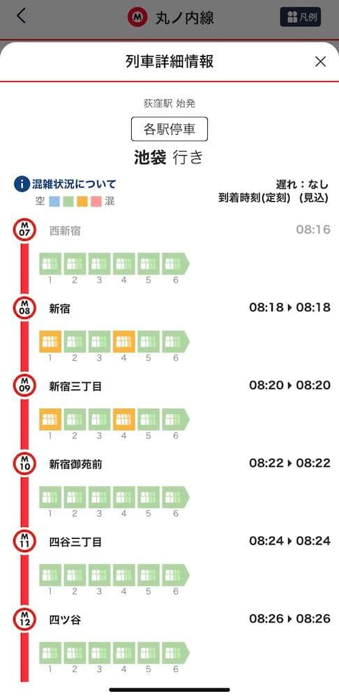 8時18分に新宿駅に停車した車両の混雑状況 その後の混雑予測も表示