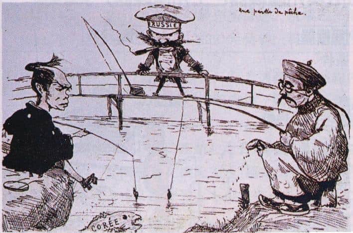 ジョルジュ・ビゴーによる当時の風刺画（1887年） 日本と中国（清）が互いに釣って捕らえようとしている魚（朝鮮）をロシアも狙っている。（パブリックドメイン）