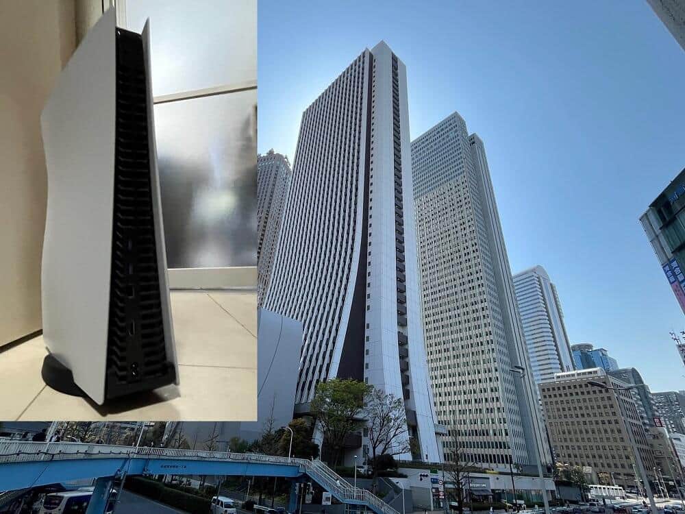 PS5の背面（左）と、「損保ジャパン本社ビル」（右）