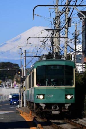 富士山と江ノ島電鉄1000形（提供：江ノ島電鉄）