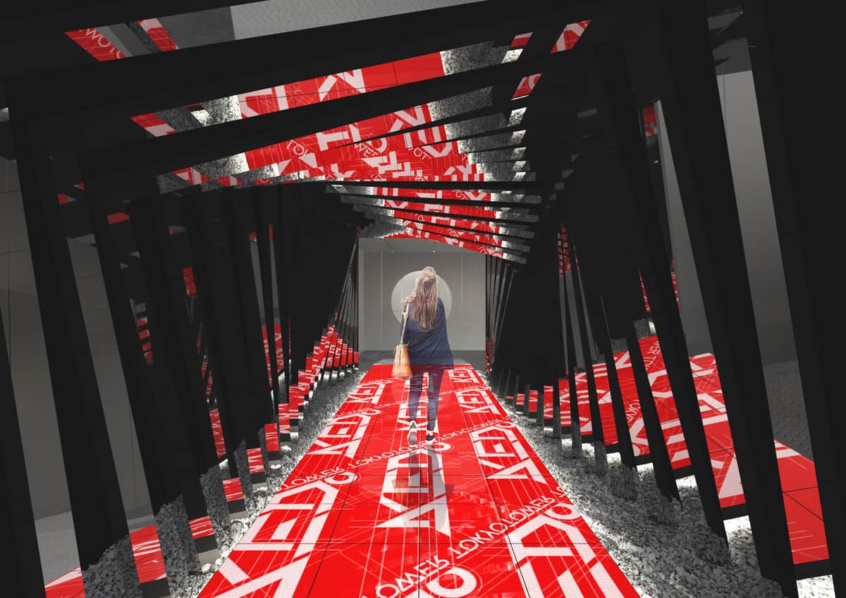 「のれん」と「鳥居」を模した入口に、最先端の映像技術をかけ合わせている