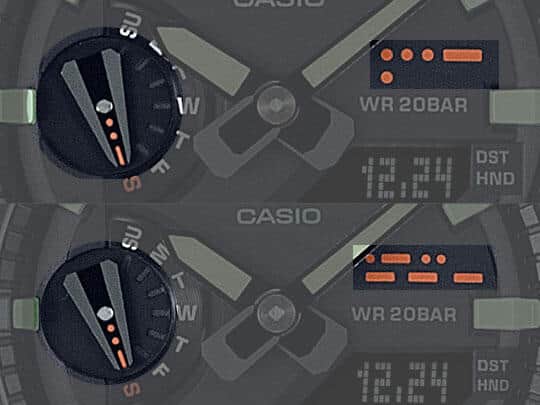 「U」を表すモールス信号の符号が刻まれた小針が土曜日の「S」を指すと、「US」になる（画像6）