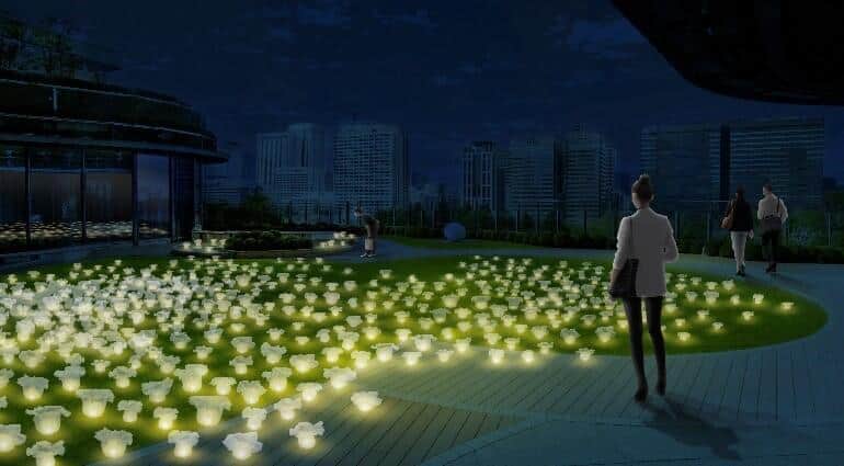 夜になると日中に蓄積した分の太陽光エネルギーを使用してライトアップ