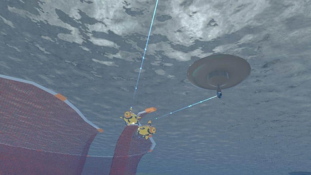 水中網のまわりでLi-Fi通信するドローンが作業