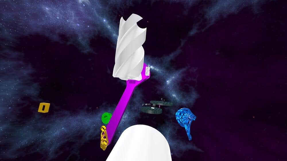 回転する刃物に向かって丸棒が飛行していく