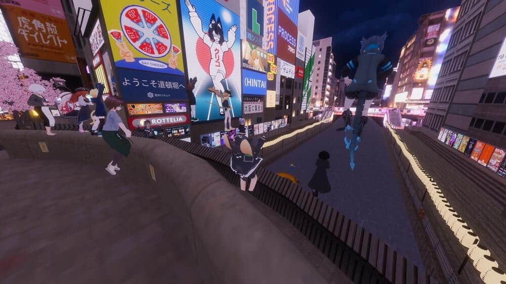 バーチャル道頓堀で一斉に飛び込むアバターたち