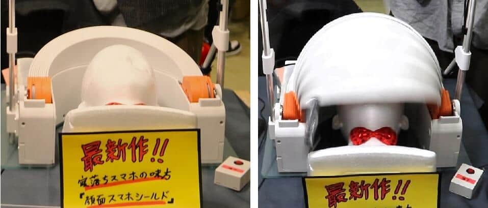 枕のように設置する「顔面スマホシールド」。写真左から、閉じている状態、落ちてくるスマホに反応し、開いた状態