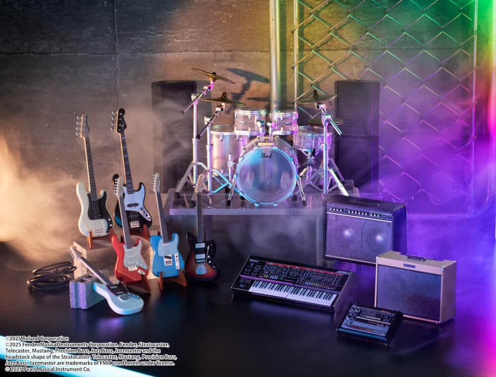 ローランド、Fender、Pearlの楽器をミニフィギュア化　こだわりのディテール